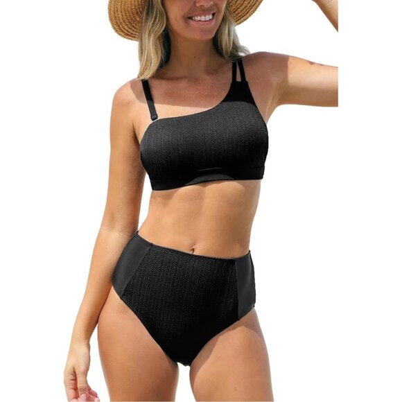Cupshe Other - Cupshe NWT Black One-Shoulder Bikini Top & High-Waisted Bottoms Set Size L